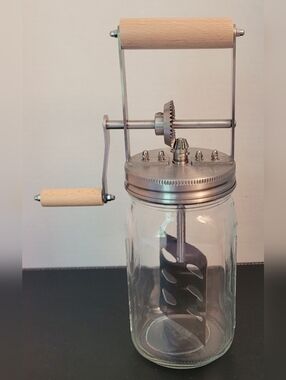 Hand Crank Butter Churn With Glass Jar Metal Wooden Handle 3 Cup 24 Oz Capacity